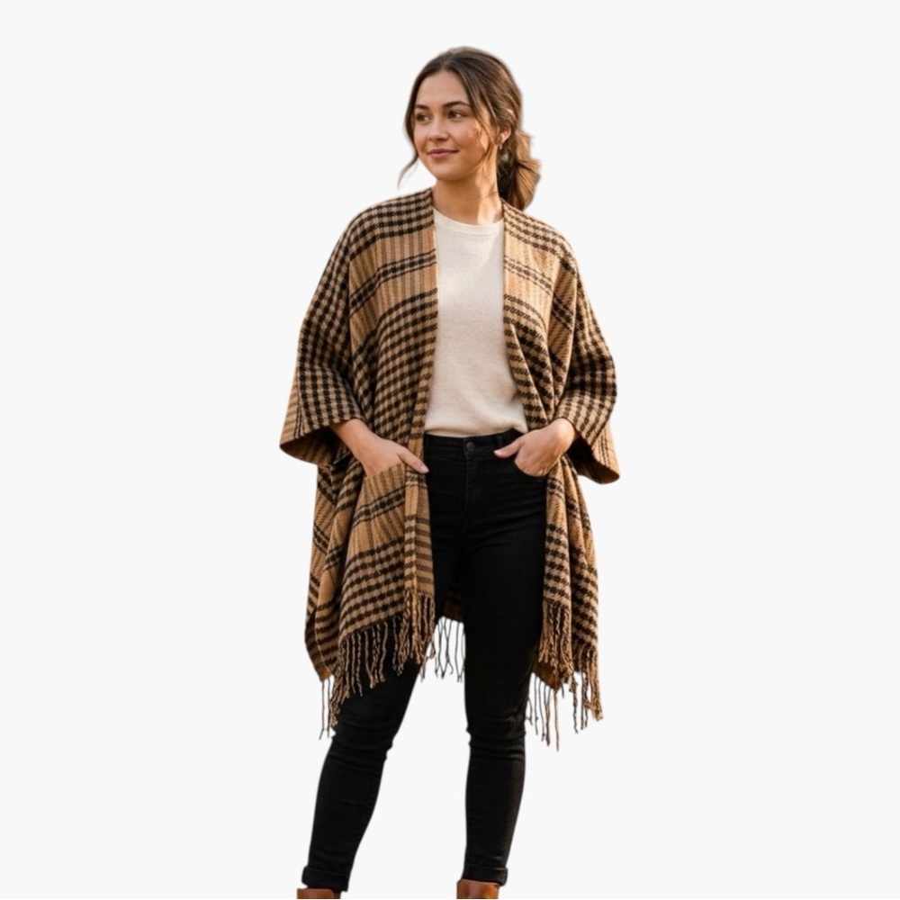 Classic Tan‎ & Black Plaid Fringe Poncho Wrap Shawl Women’s Size OS